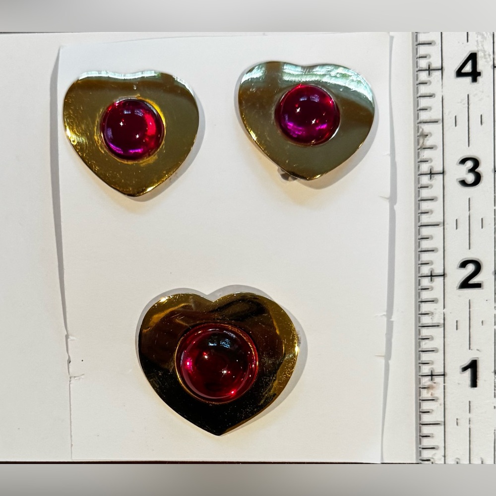 Gold Heart Earrings and Brooch set with pink gem